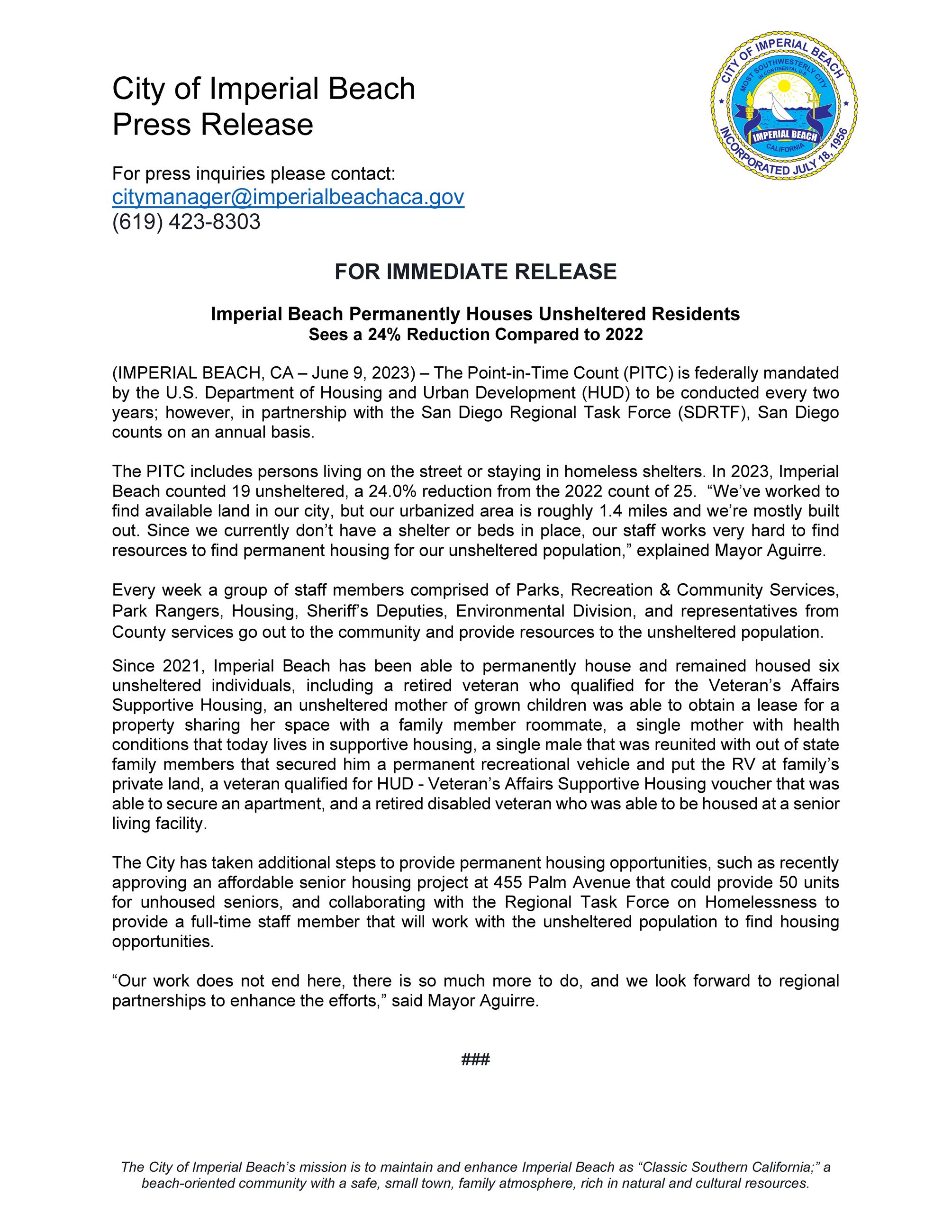 Point in Time Count Press Release