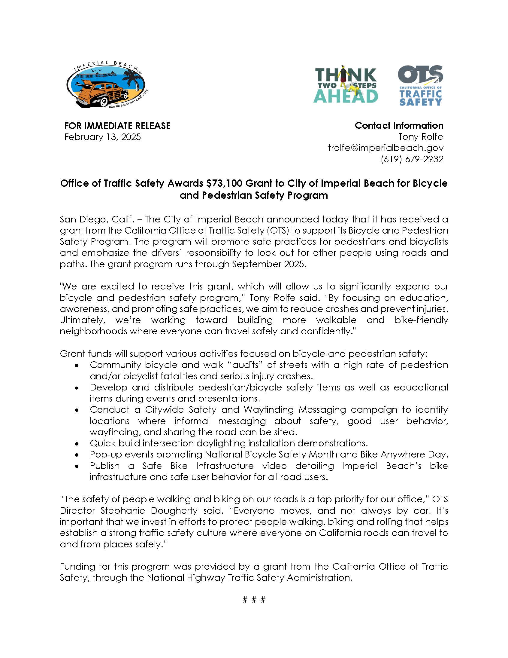 Office of Traffic Safety Grant to City of IB 